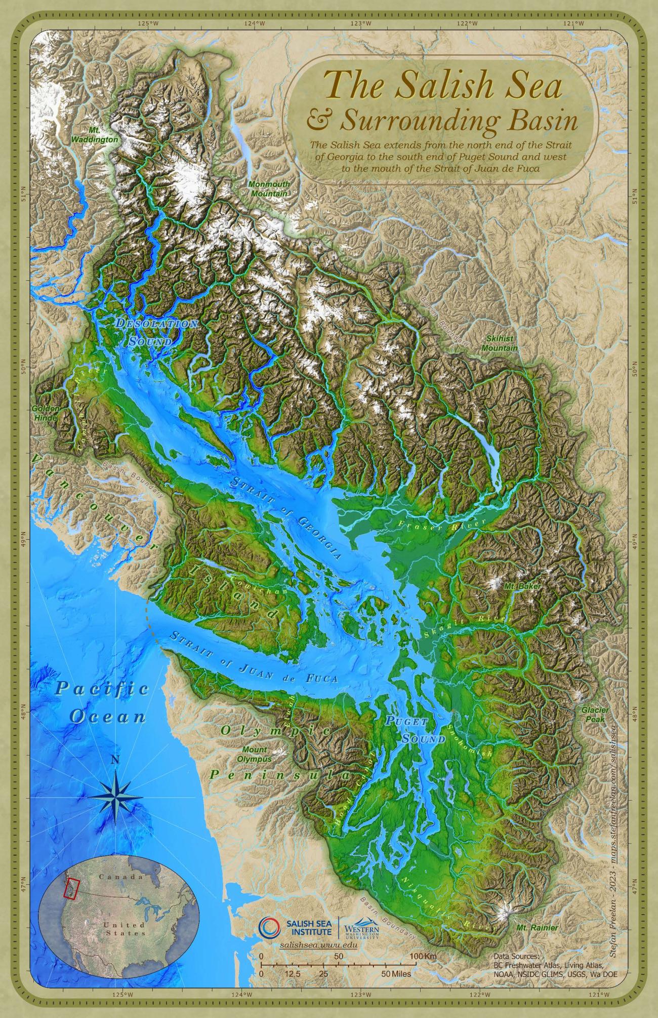 A map of Western Washington and the Salish Sea. The snow-capped, rugged Cascade Mountain range has rivers that flow into Desolation Sound and the Strait of Georgia. The Strait of Juan de Fuca connects to the Pacific Ocean. 